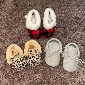 Babygirl 0/3m cheetah, gray & plaid faux fur soft sole booties shoe bundle